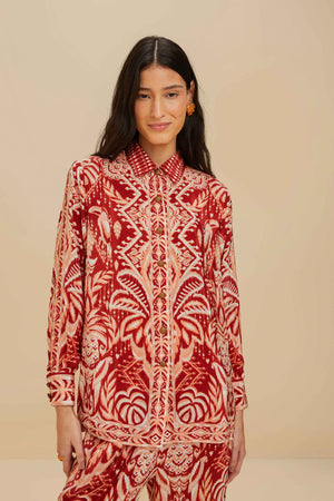 FARM Rio model wearing the Tropical Tapestry Red Pajama Shirt