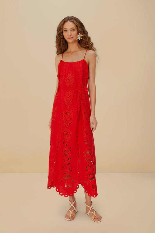 FARM Rio model wearing the Red Flowers Richelieu Sleeveless Maxi Dress