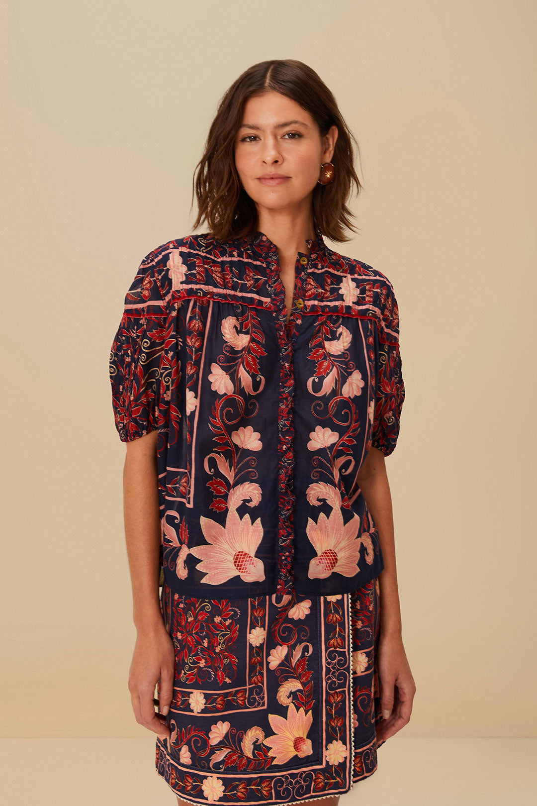 Boho Floral Scarf Navy Blue Blouse
