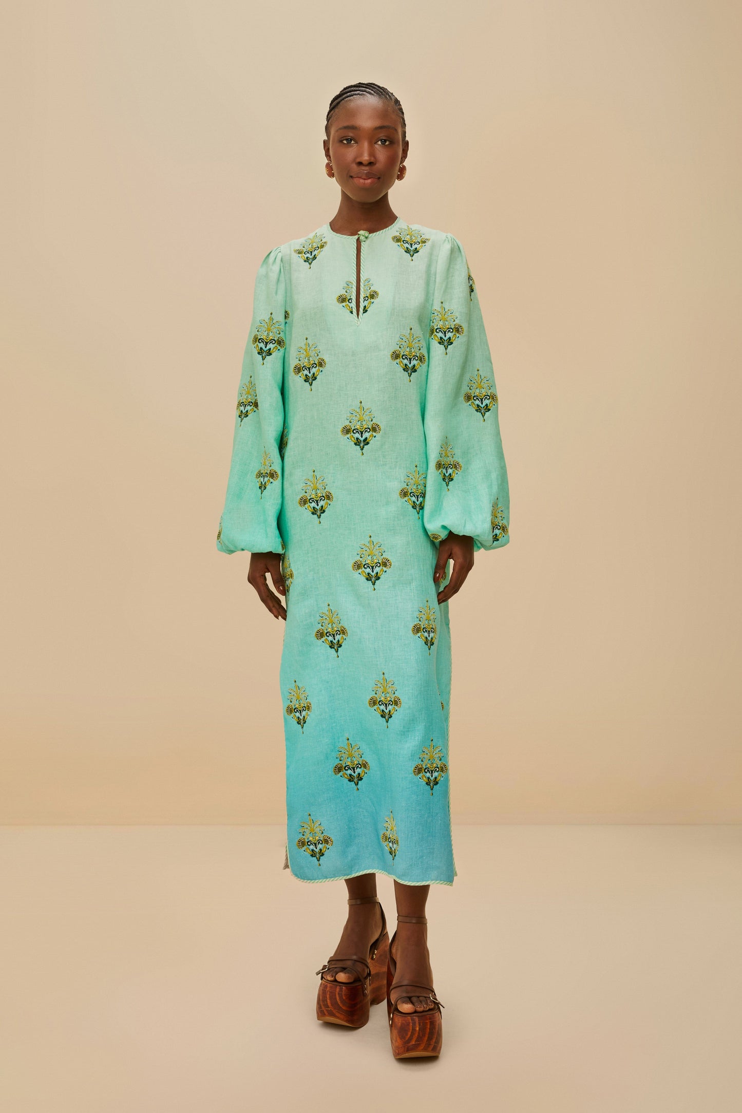 Turquoise Palm Tree Tapestry Embroidered Tunic
