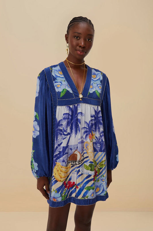 FARM Rio model wearing the Blue Fresh Table Scarf Mini Dress