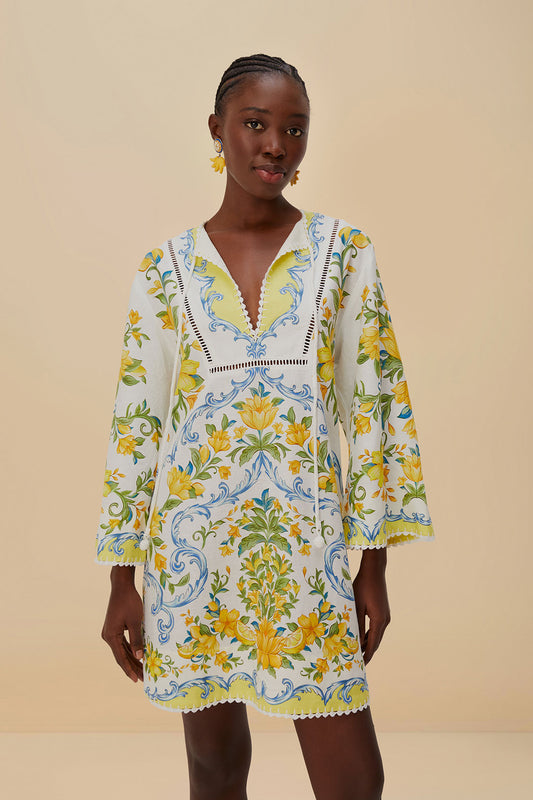 FARM Rio model wearing the Off-White Sicily Lenzing™ Ecovero™ Euroflax™ Mini Dress