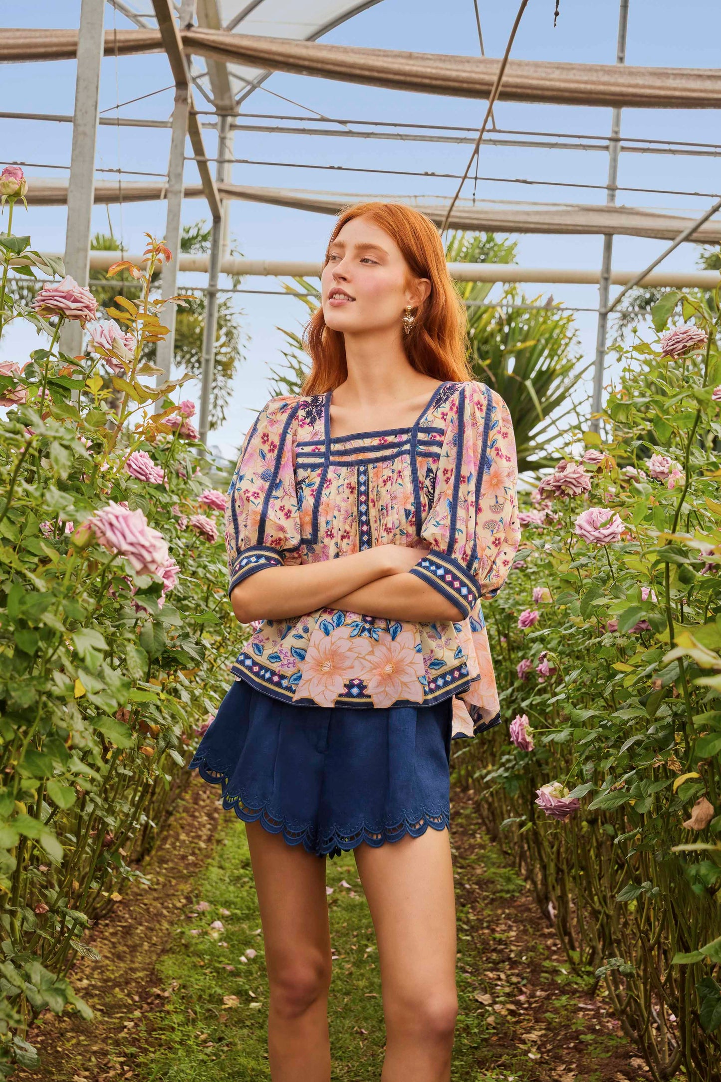 FARM Rio model wearing the Navy Blue Richelieu Belted Euroflax™ Premium Linen Shorts