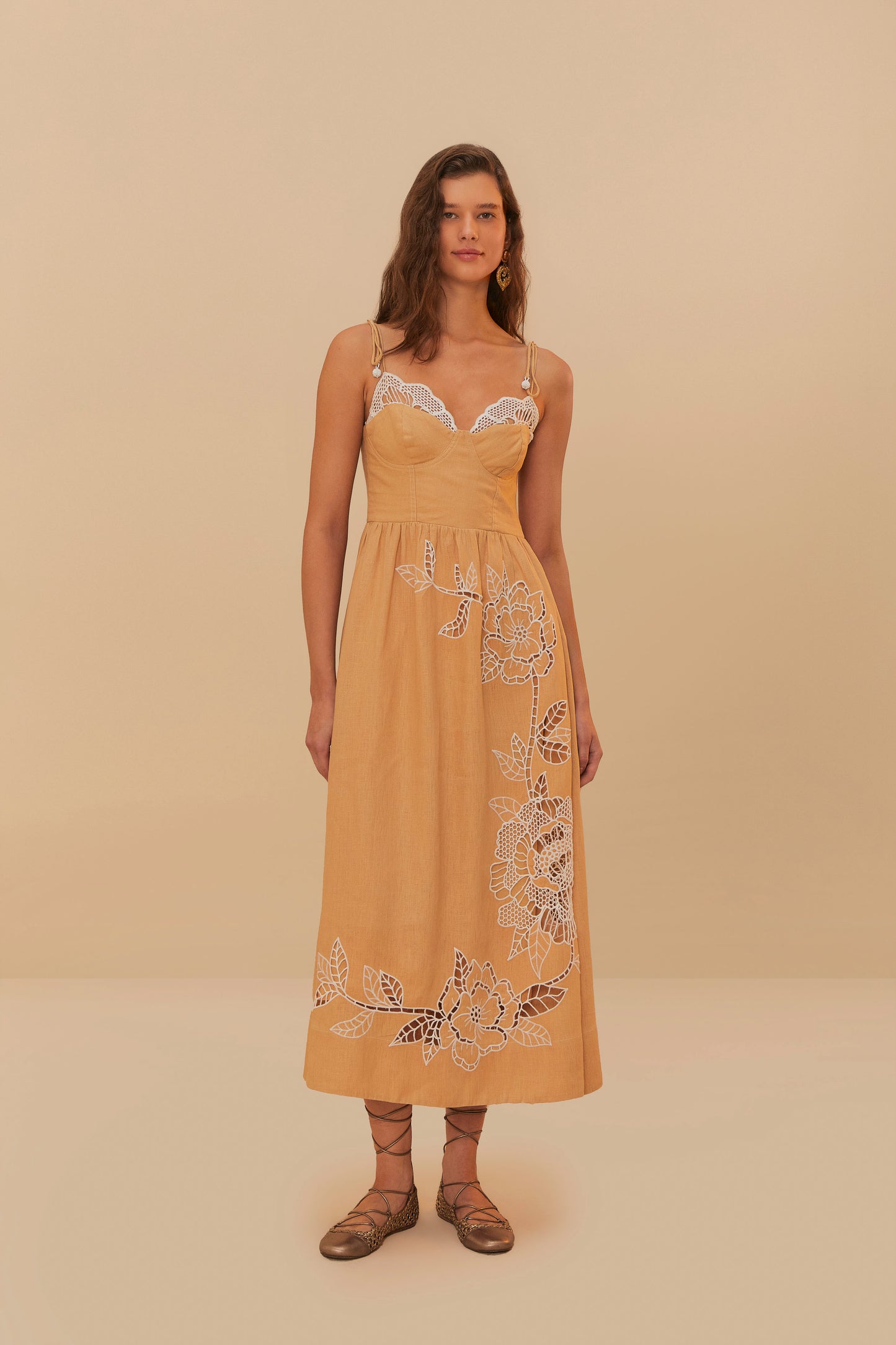 Sand Richelieu Laces Cup Midi Dress