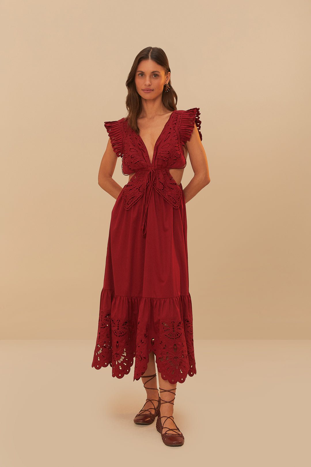 FARM Rio model wearing the Red Butterfly Cut-Out Midi Dress
