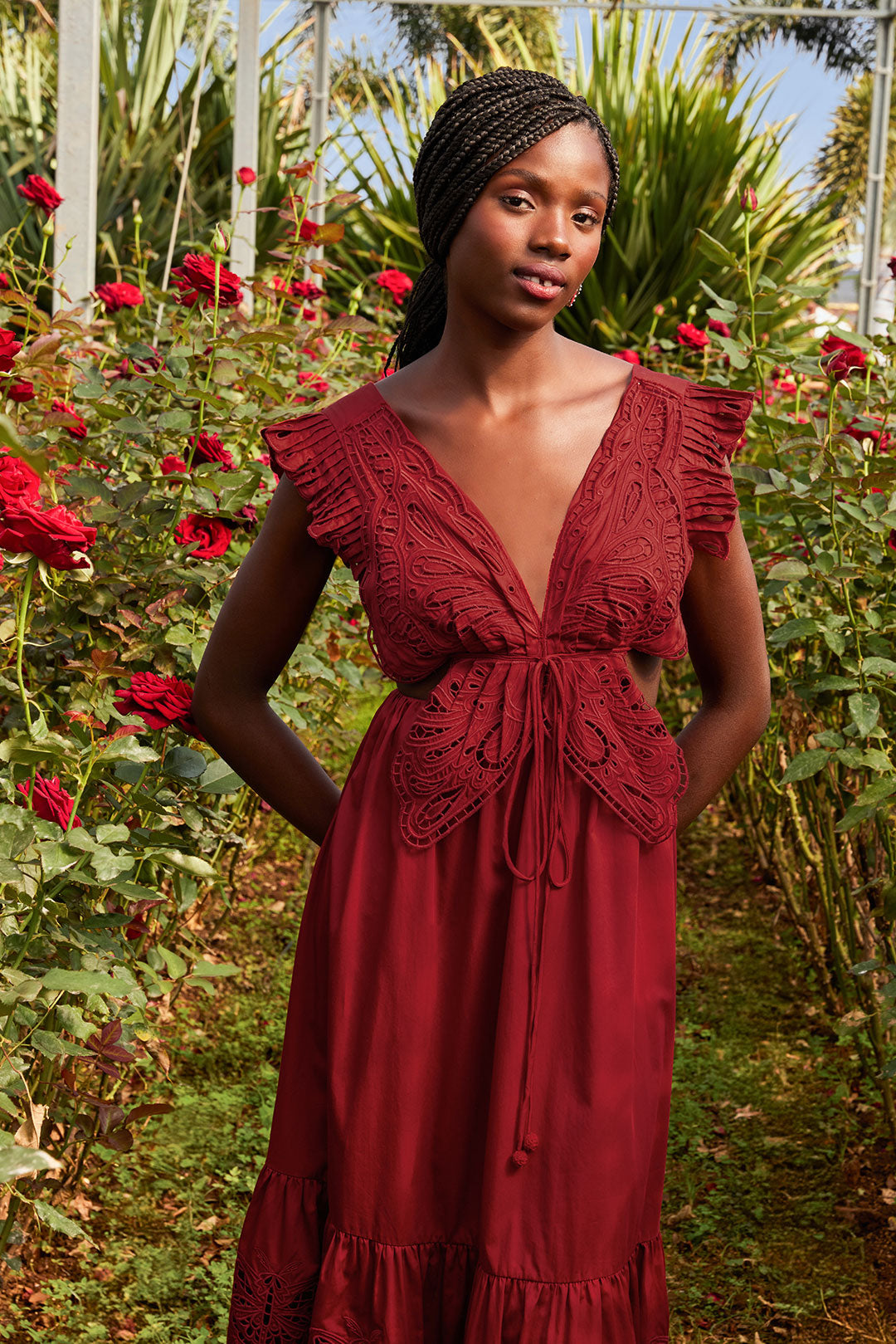 FARM Rio model wearing the Red Butterfly Cut-Out Midi Dress