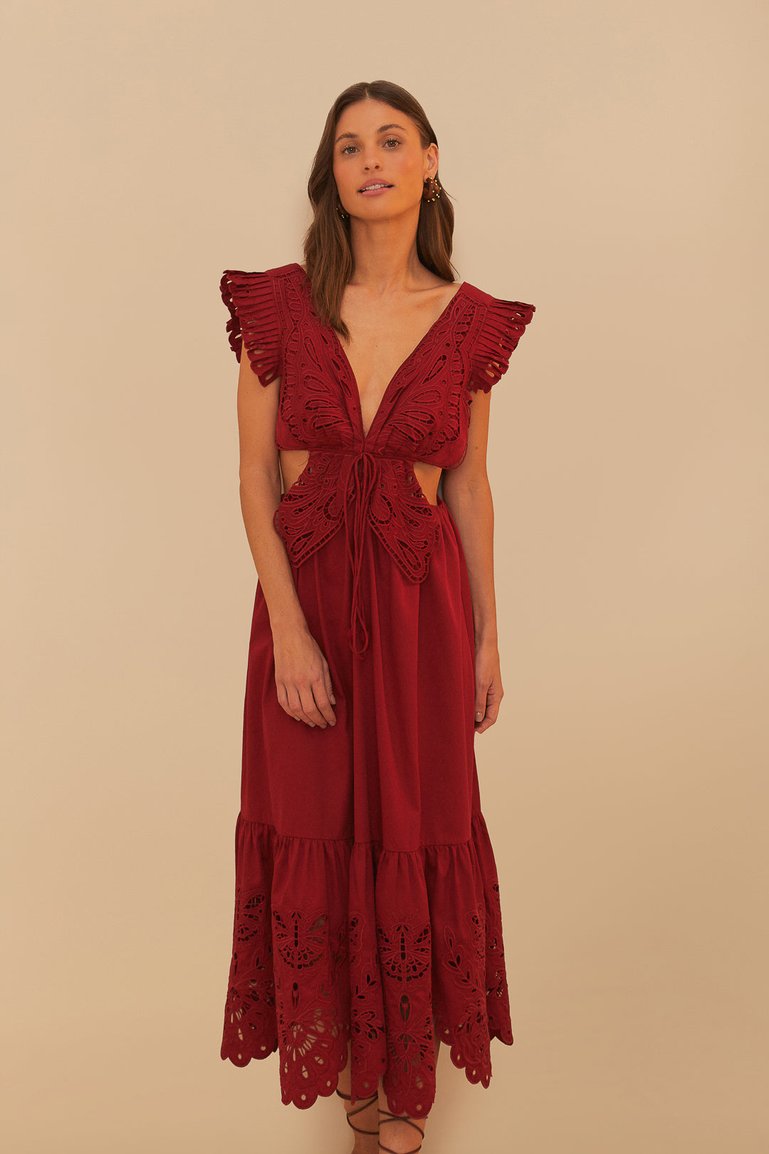 FARM Rio model wearing the Red Butterfly Cut-Out Midi Dress