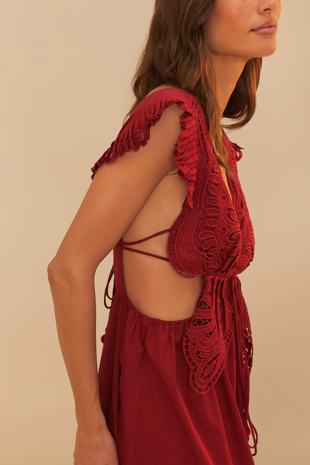 FARM Rio model wearing the Red Butterfly Cut-Out Midi Dress