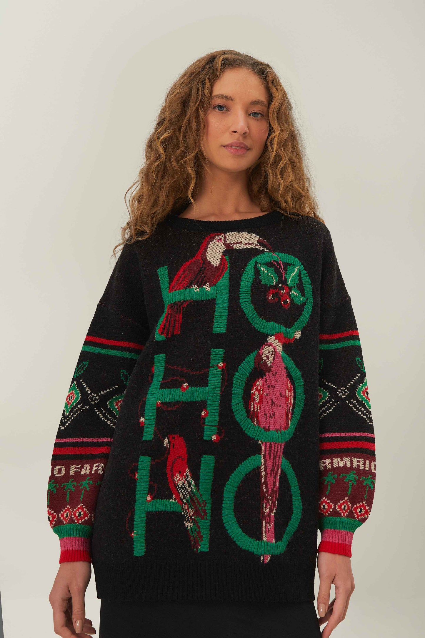 FARM Rio model wearing the Black Hohoho Knit Sweater