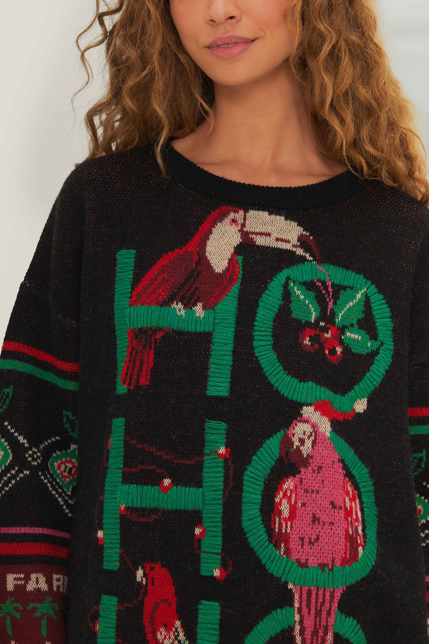 FARM Rio model wearing the Black Hohoho Knit Sweater