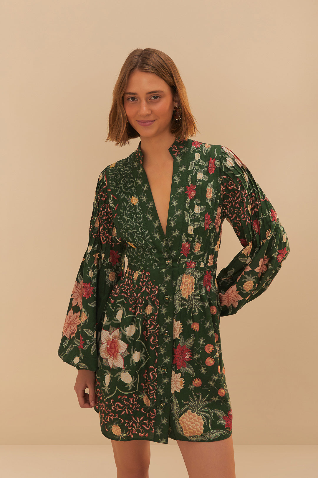 Green Pineapple Garden Long Sleeve Mini Dress