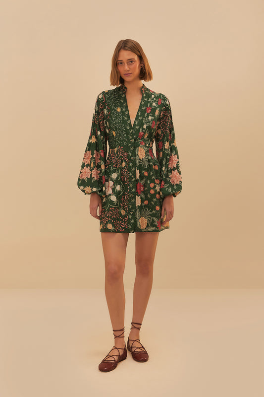 Green Pineapple Garden Long Sleeve Mini Dress