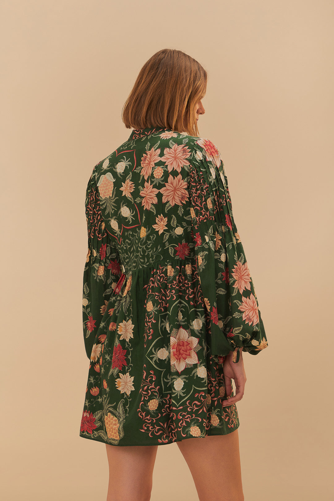 Green Pineapple Garden Long Sleeve Mini Dress