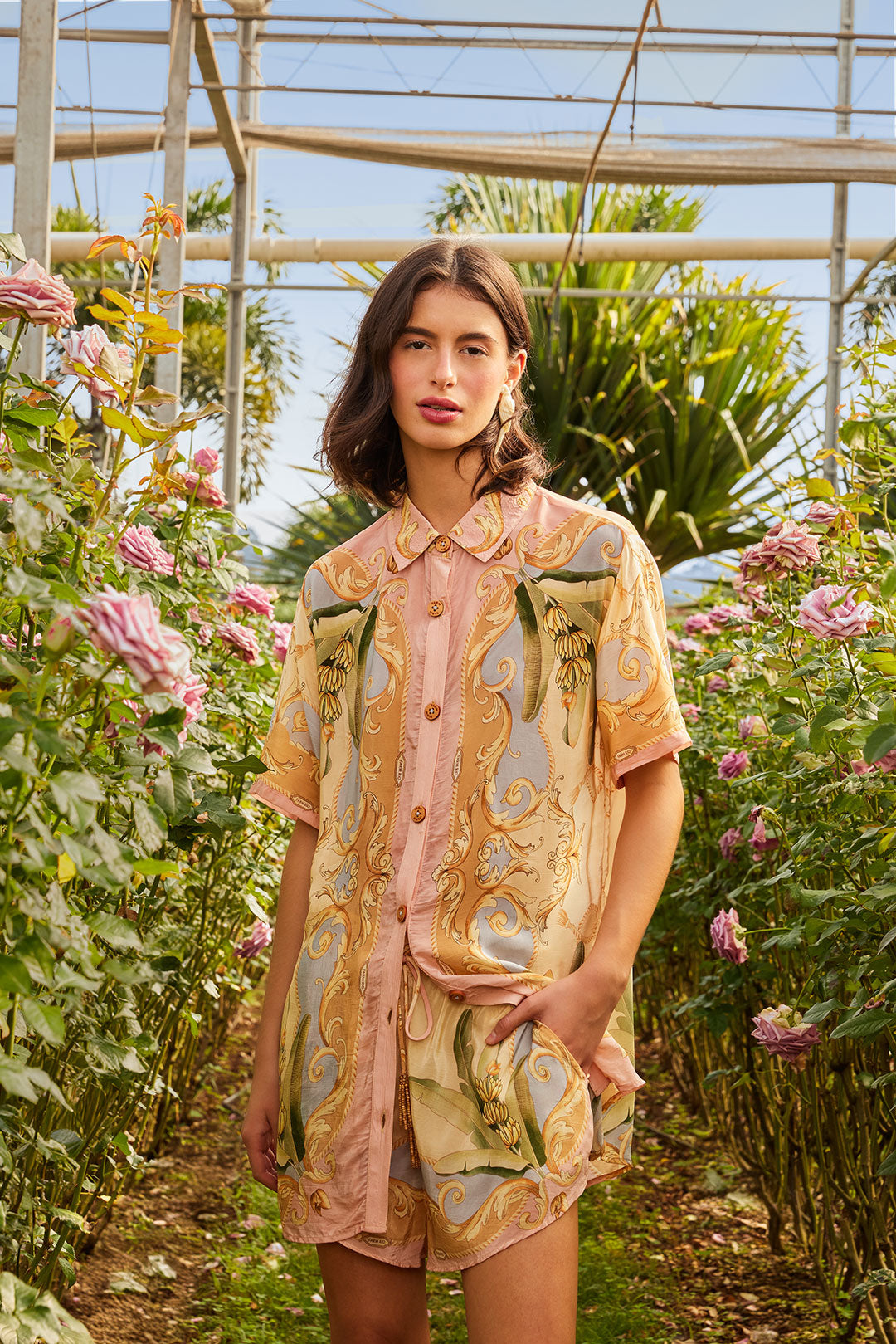 FARM Rio model wearing the Multicolor Banana Royalty Kaleidoscope Shirt