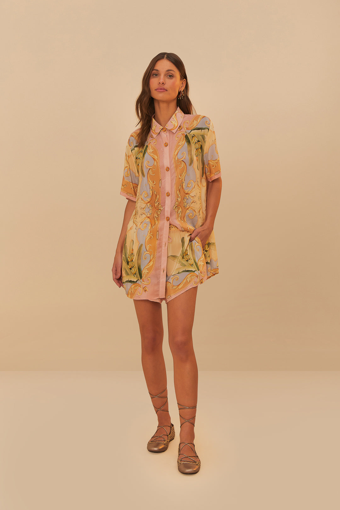 FARM Rio model wearing the Multicolor Banana Royalty Kaleidoscope Shirt