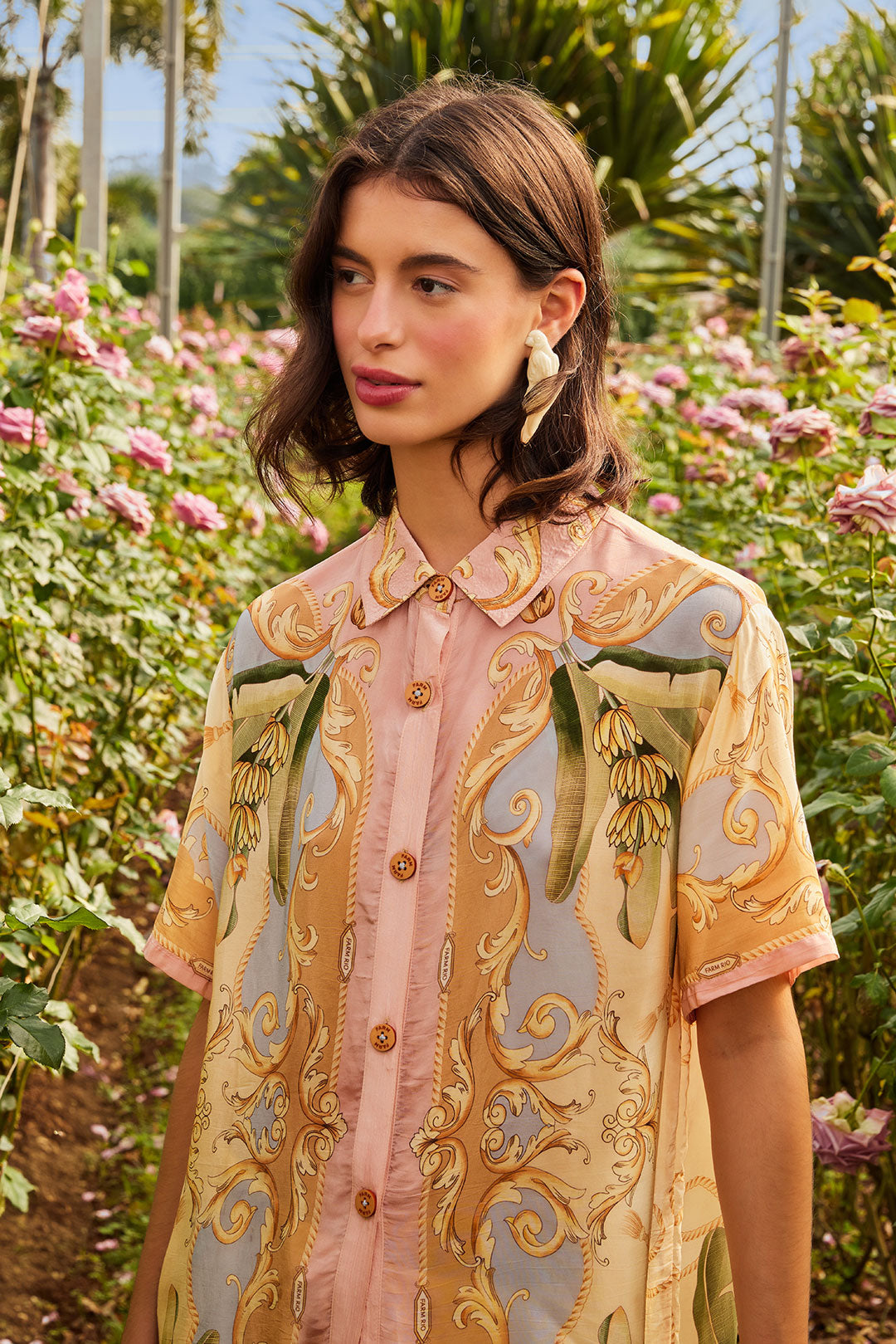 FARM Rio model wearing the Multicolor Banana Royalty Kaleidoscope Shirt