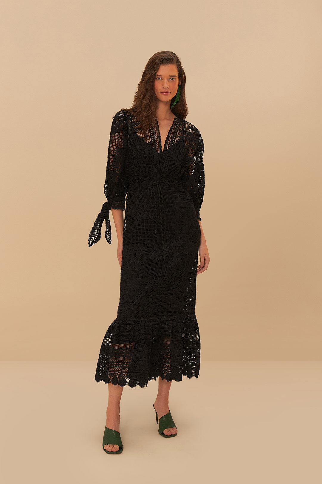 FARM Rio model wearing the Black Morada Boa Guipure Maxi Dress