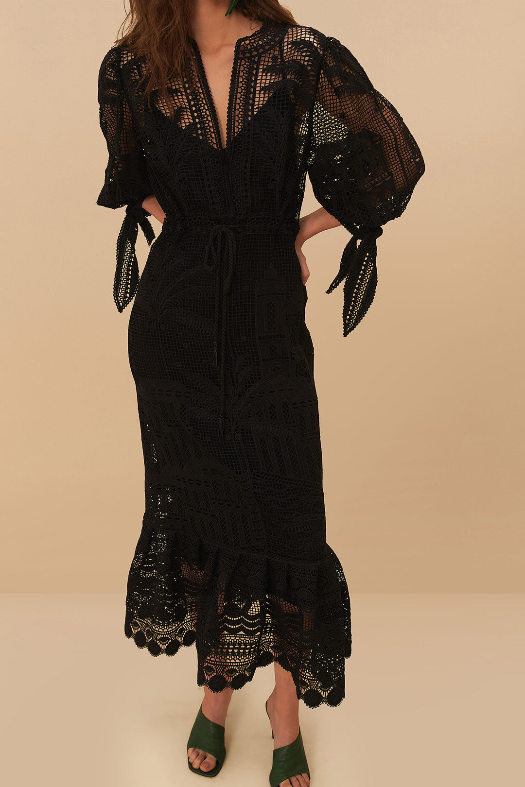 FARM Rio model wearing the Black Morada Boa Guipure Maxi Dress