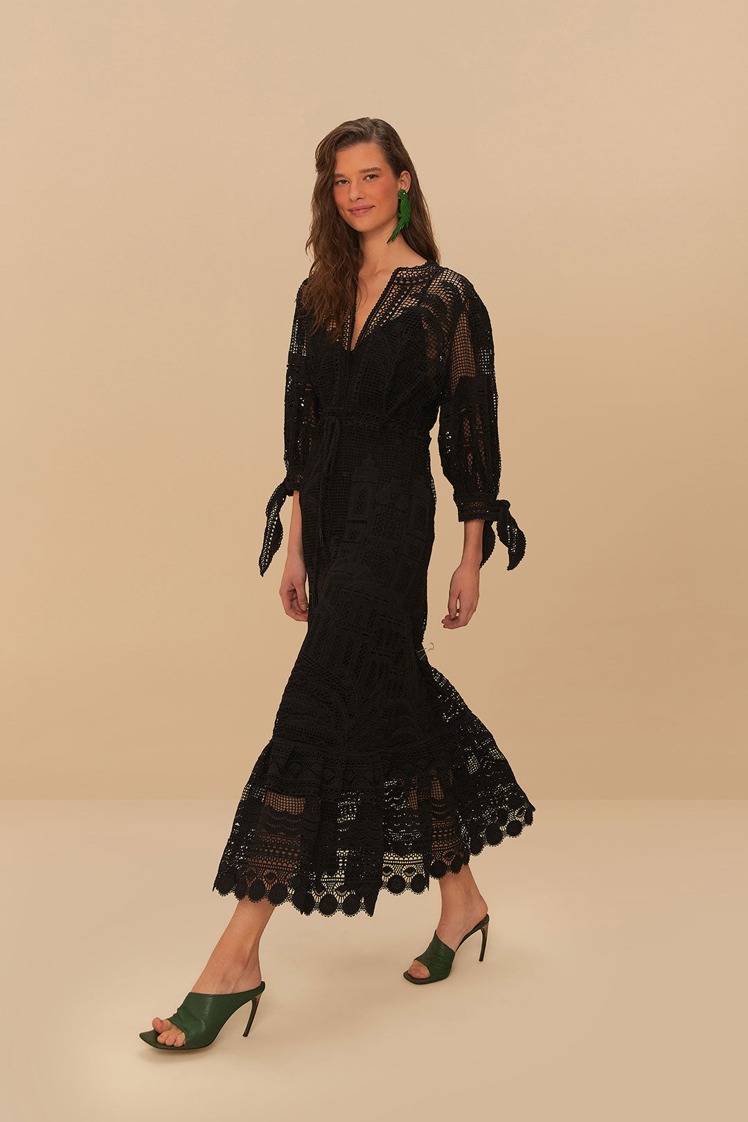 FARM Rio model wearing the Black Morada Boa Guipure Maxi Dress