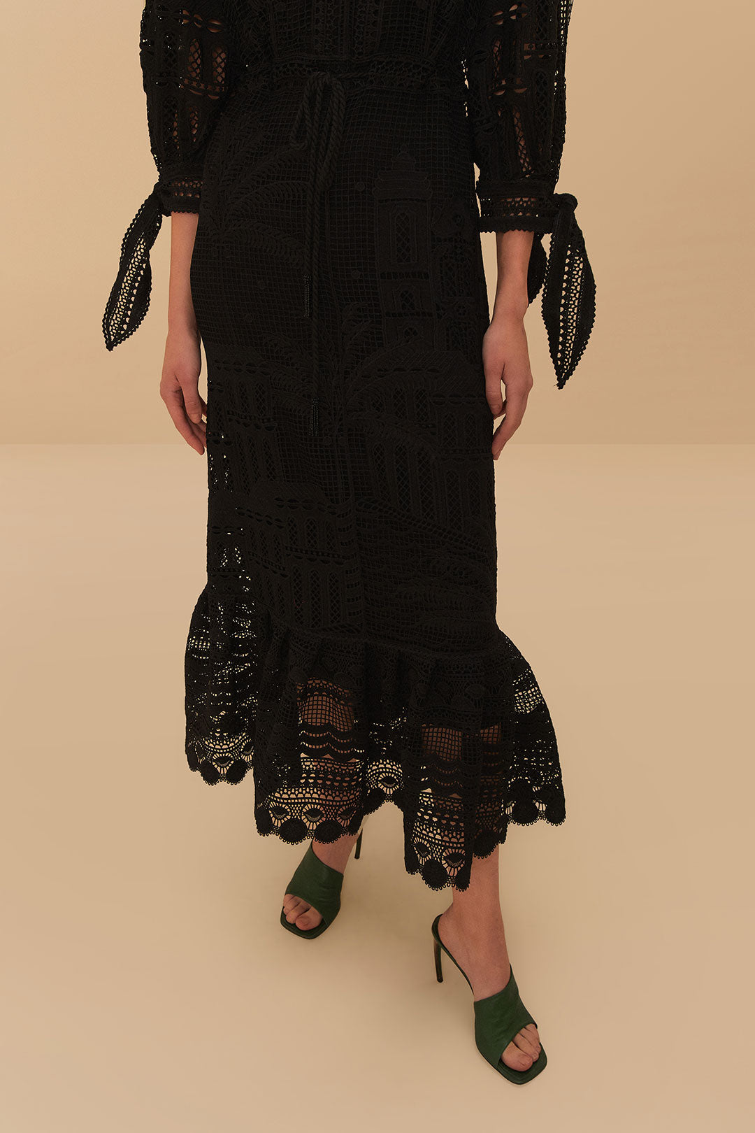 FARM Rio model wearing the Black Morada Boa Guipure Maxi Dress