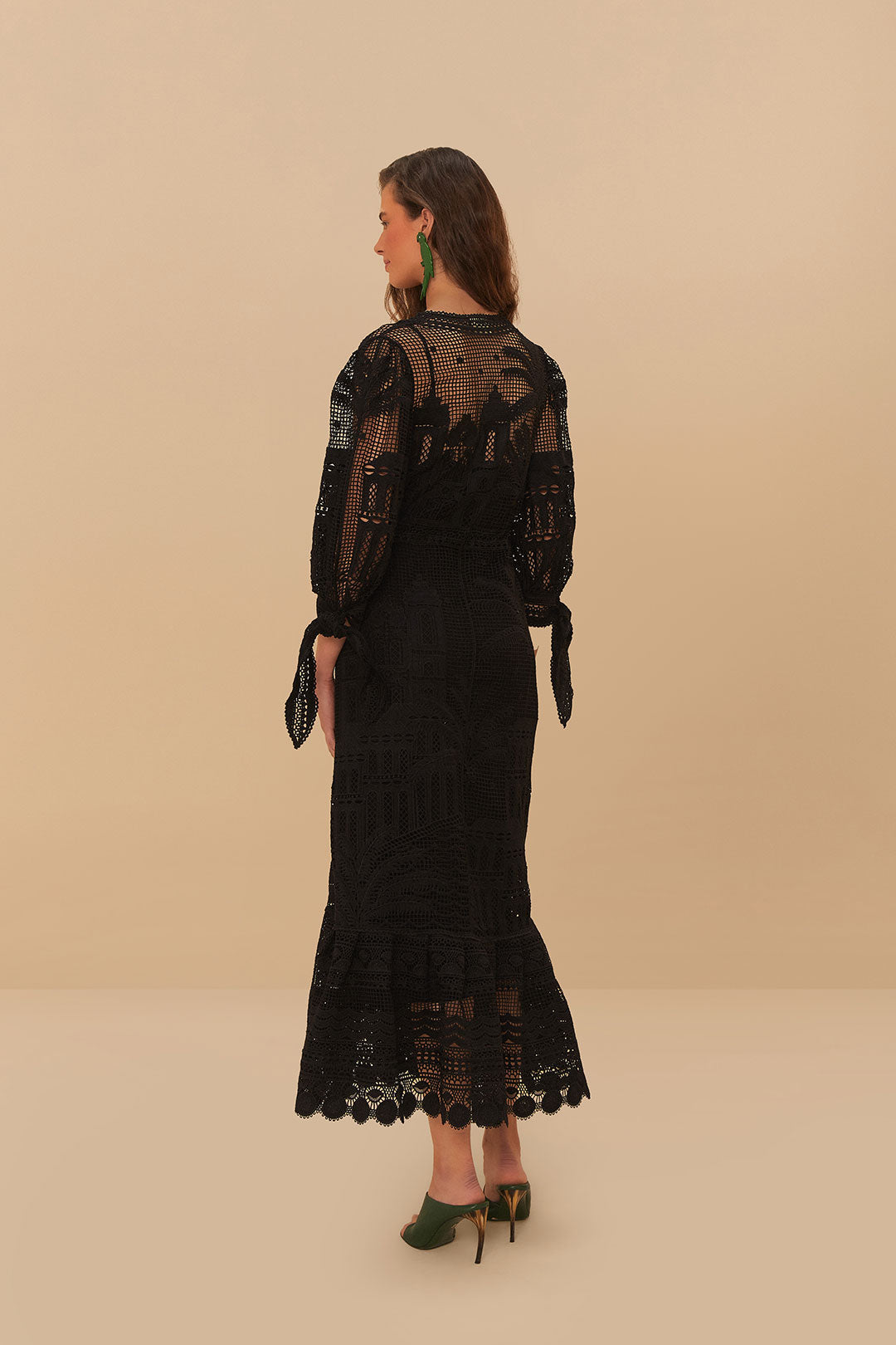 FARM Rio model wearing the Black Morada Boa Guipure Maxi Dress