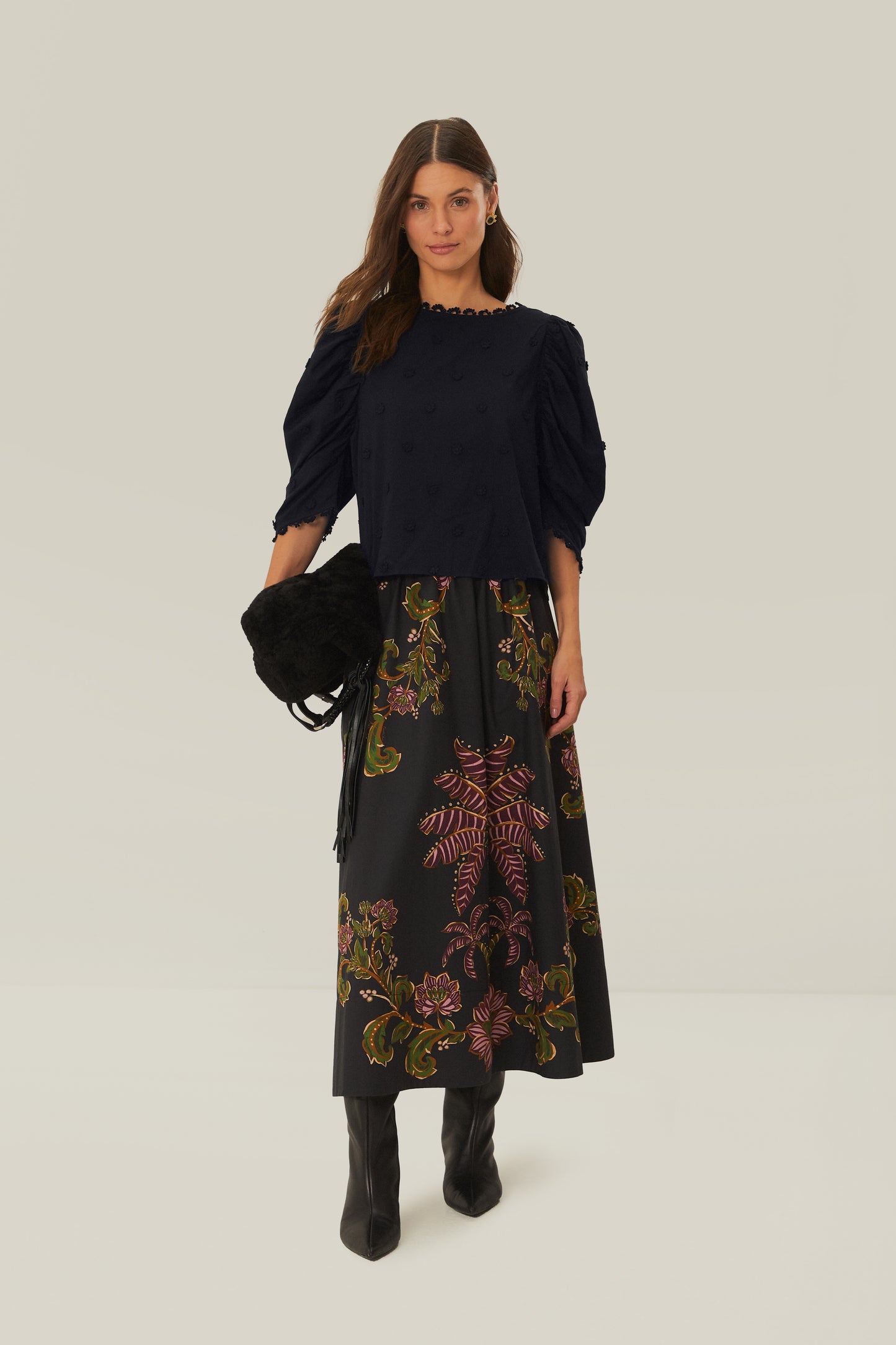 FARM Rio model wearing the Black 3D Flowers Blouse