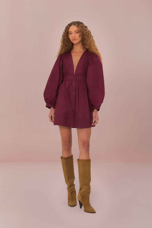 Burgundy Puffed Sleeve Mini Dress