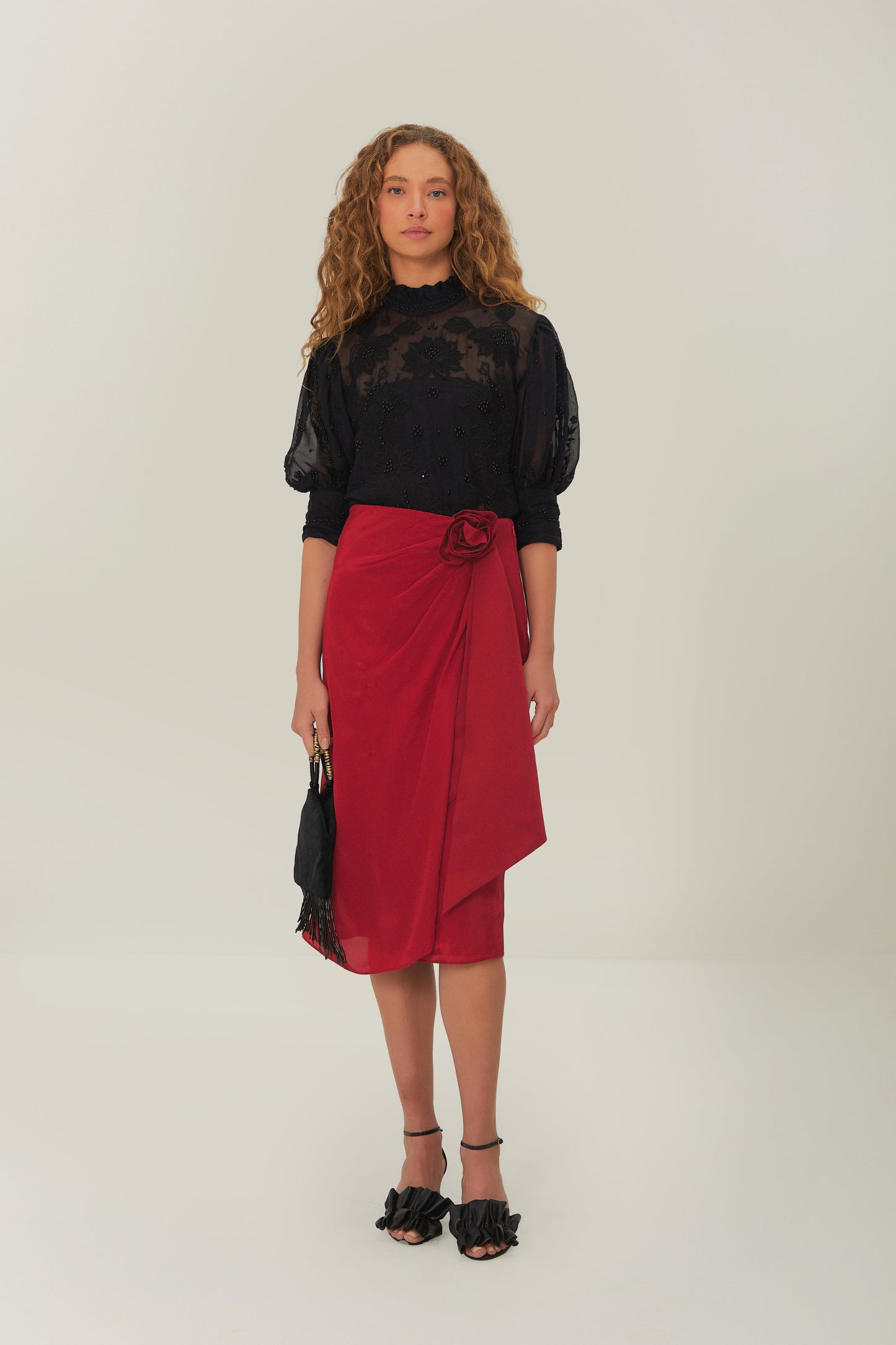 FARM Rio model wearing the Red Midi Skirt