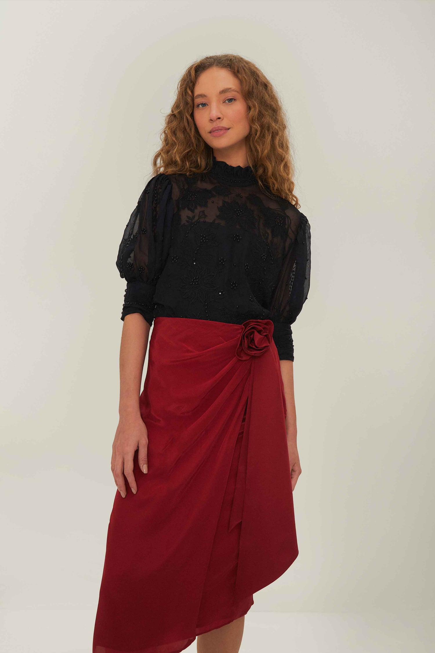 FARM Rio model wearing the Red Midi Skirt
