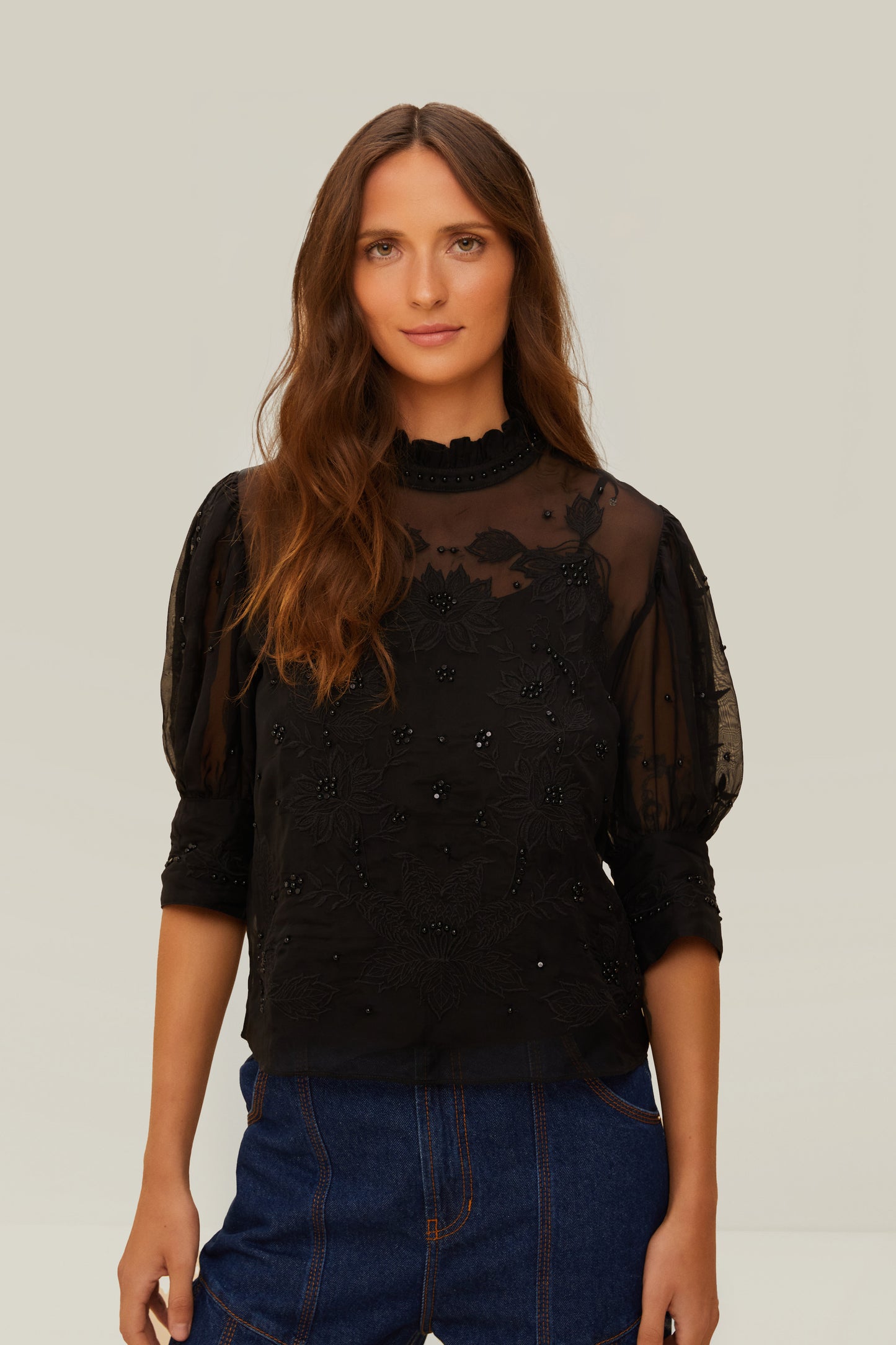 FARM Rio model wearing the Black Short Sleeve Blouse