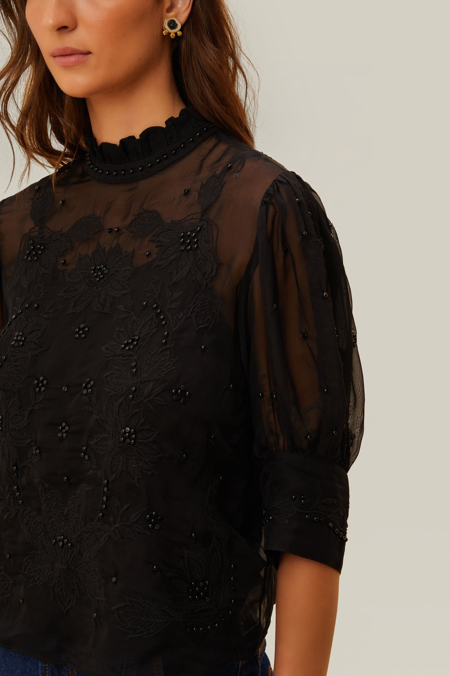 FARM Rio model wearing the Black Short Sleeve Blouse