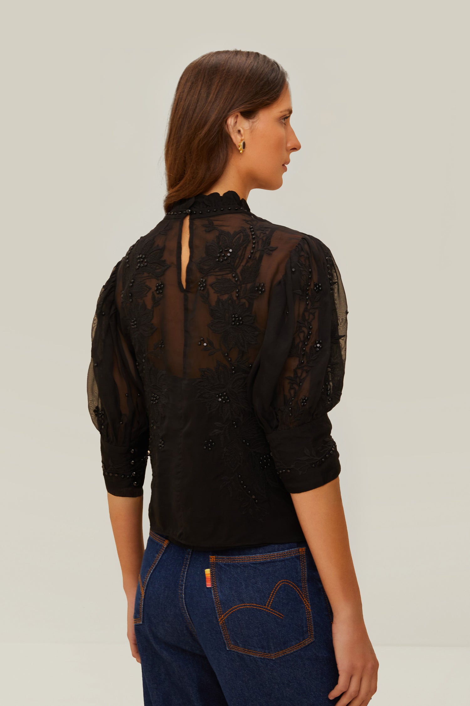 FARM Rio model wearing the Black Short Sleeve Blouse