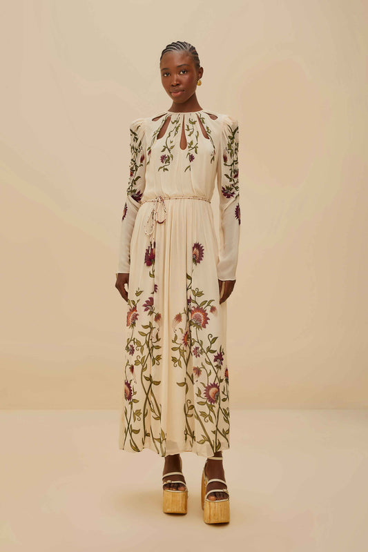 FARM Rio model wearing the Multicolor Romantic Nature Long Sleeve Maxi Dress