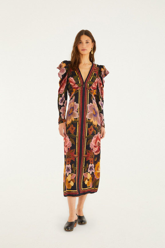 black chenille flowers lenzing™ ecovero™ viscose midi dress