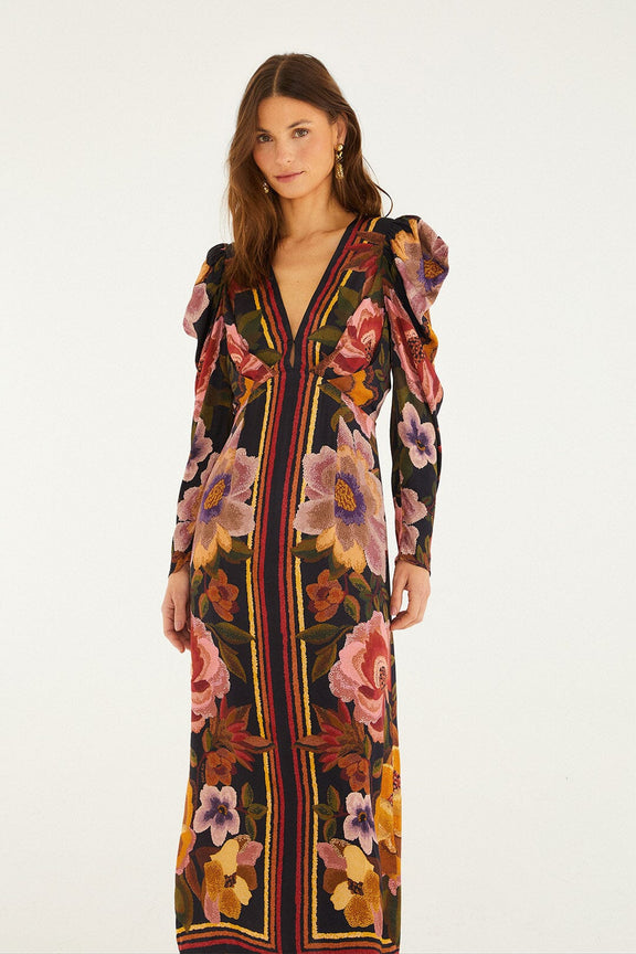 black chenille flowers lenzing™ ecovero™ viscose midi dress