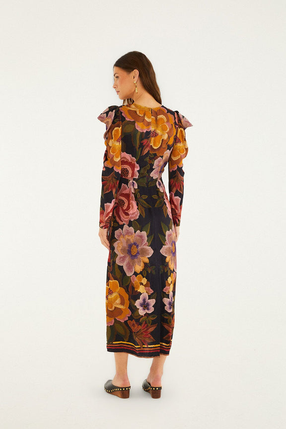 black chenille flowers lenzing™ ecovero™ viscose midi dress