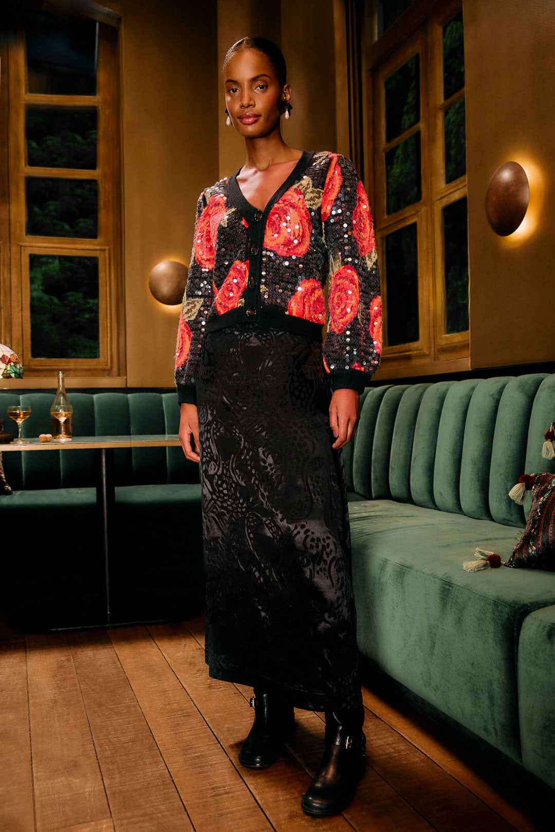 منتصف الليل Leopards Black Jacquard Maxi Skirt