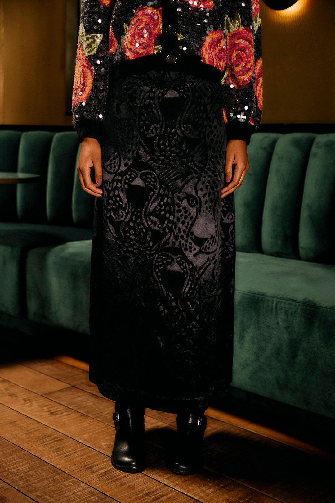 منتصف الليل Leopards Black Jacquard Maxi Skirt