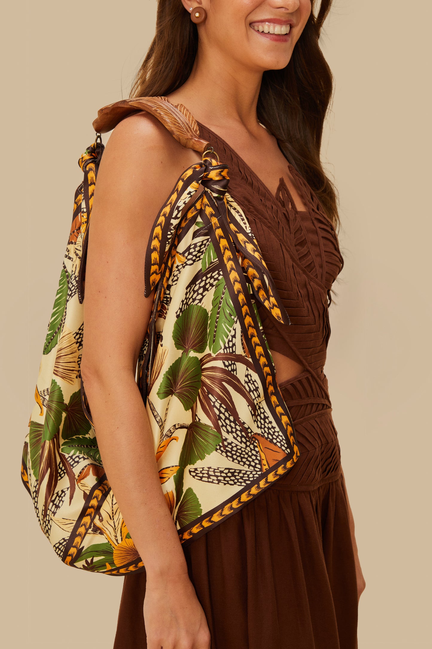 FARM Rio model wearing the Foliage Sketch Scarf Tote Bag