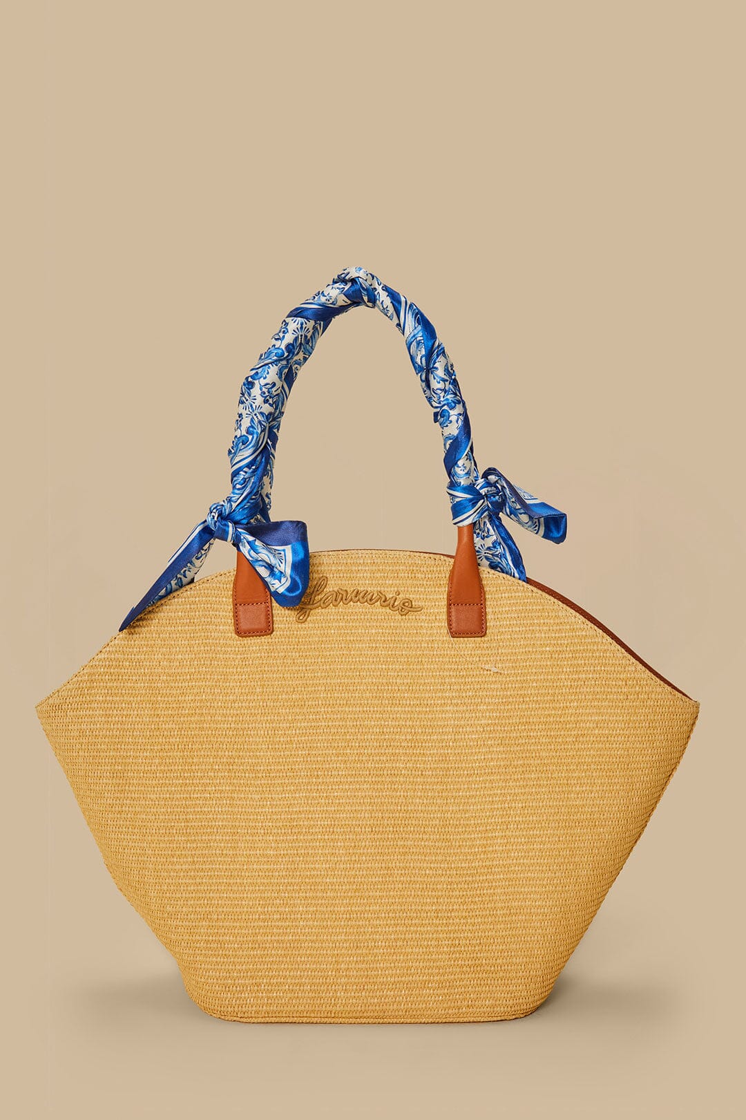 FARM Rio model wearing the Blue Garden Tiles Raffia Shell Tote