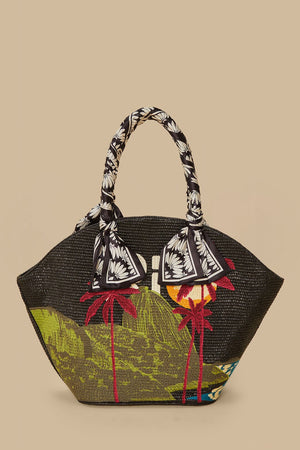 FARM Rio model wearing the Black Copacabana Raffia Shell Tote
