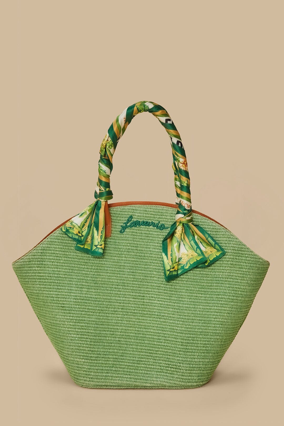 FARM Rio model wearing the Green Coconut Toucan Raffia Shell Tote