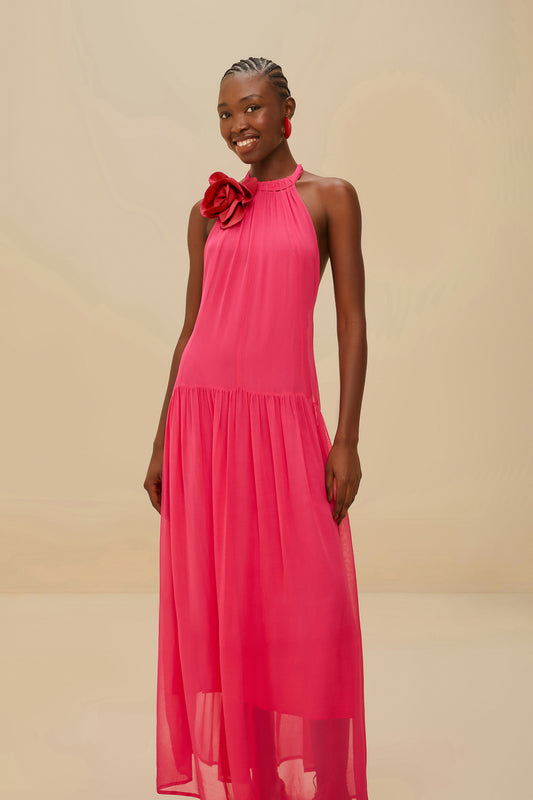 FARM Rio model wearing the Pink Flower Halter Neck Maxi Dress