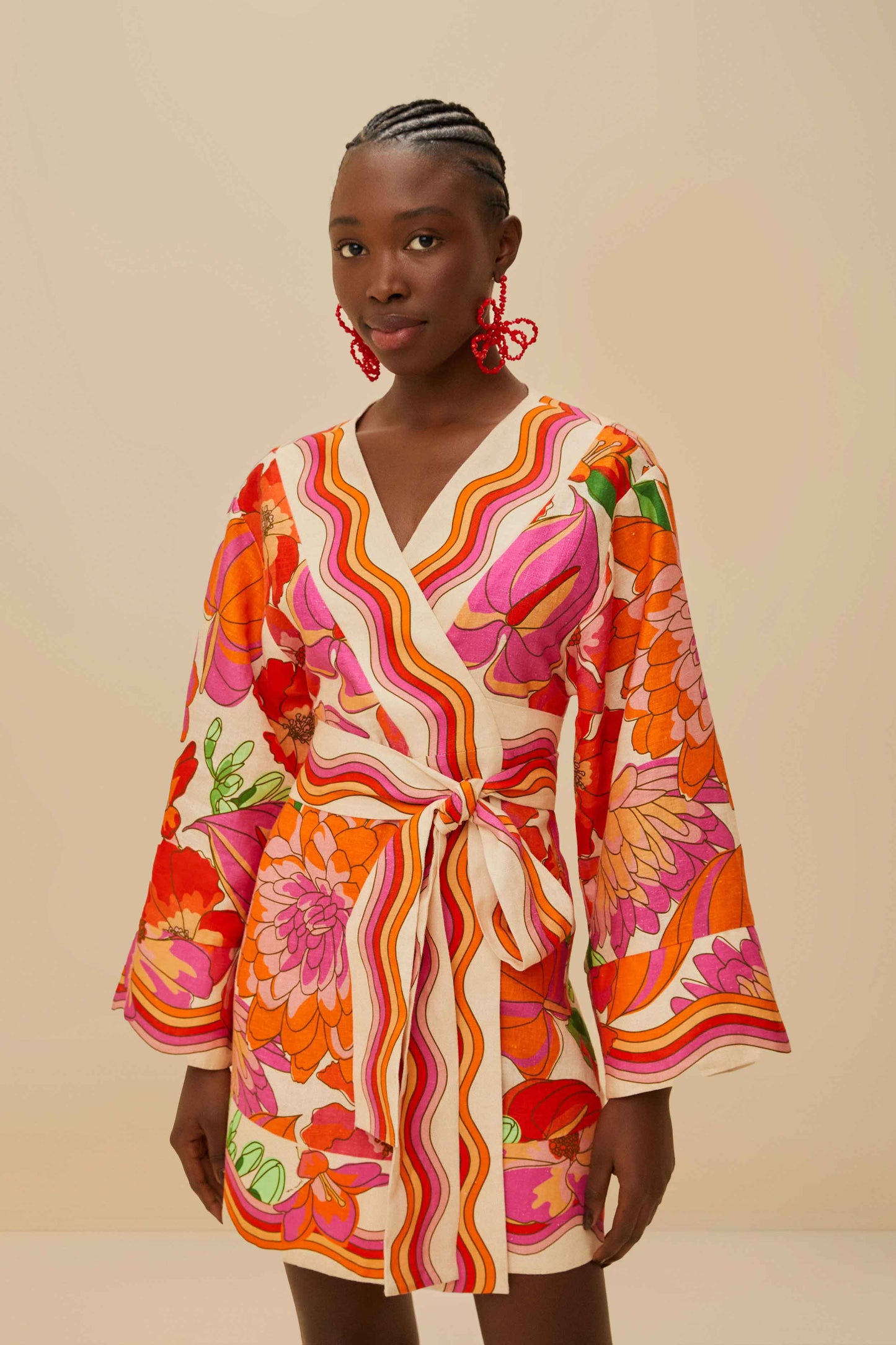 FARM Rio model wearing the Spring Affair Beige Mini Dress