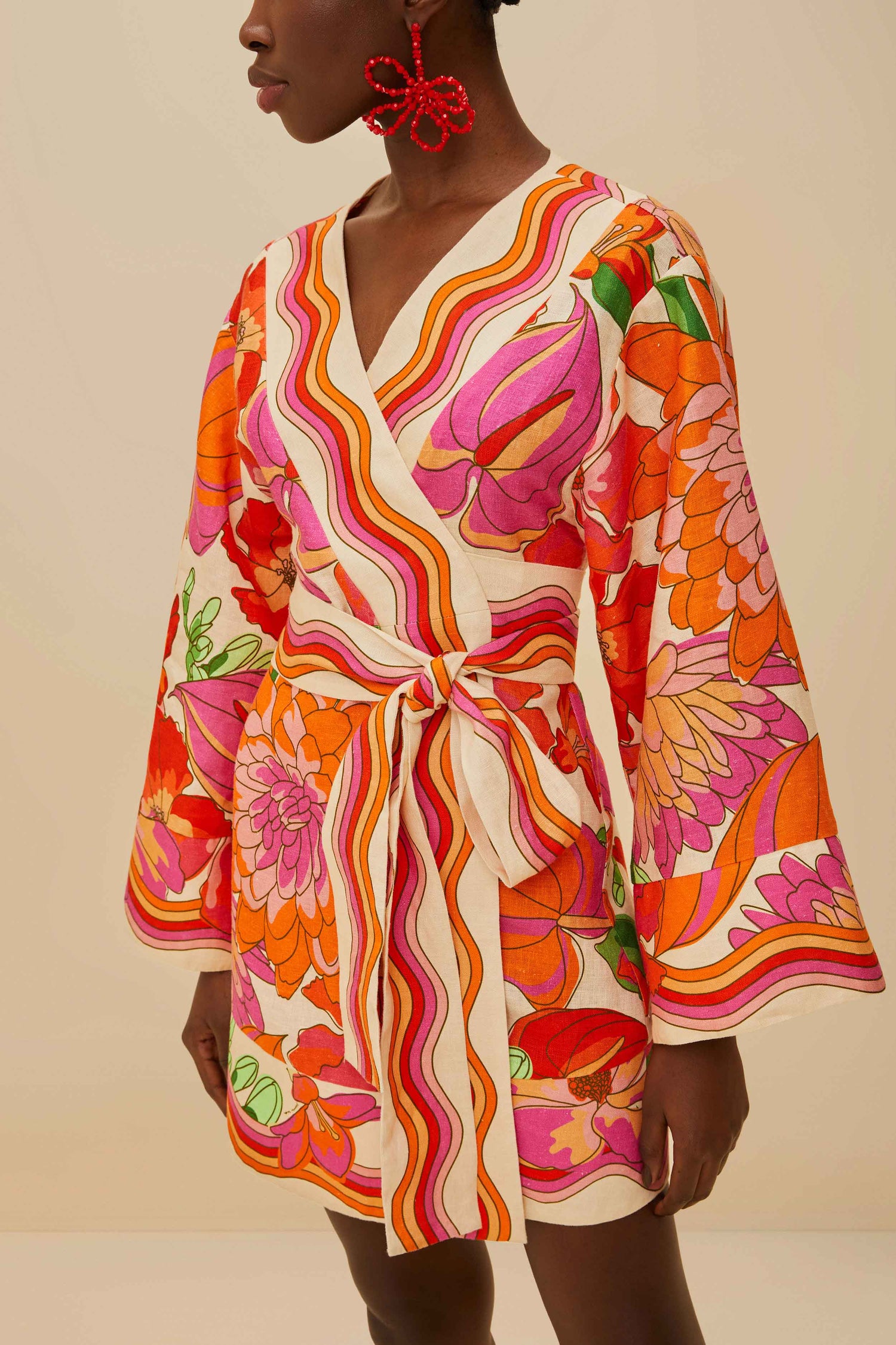 FARM Rio model wearing the Spring Affair Beige Mini Dress