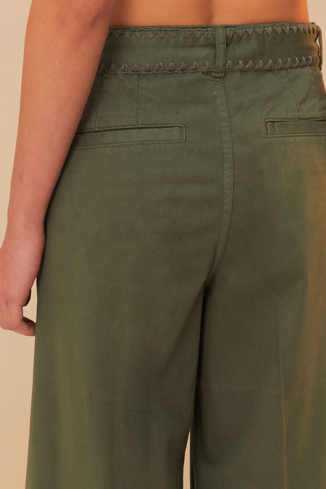 Green Twill Pleated Wide Pants