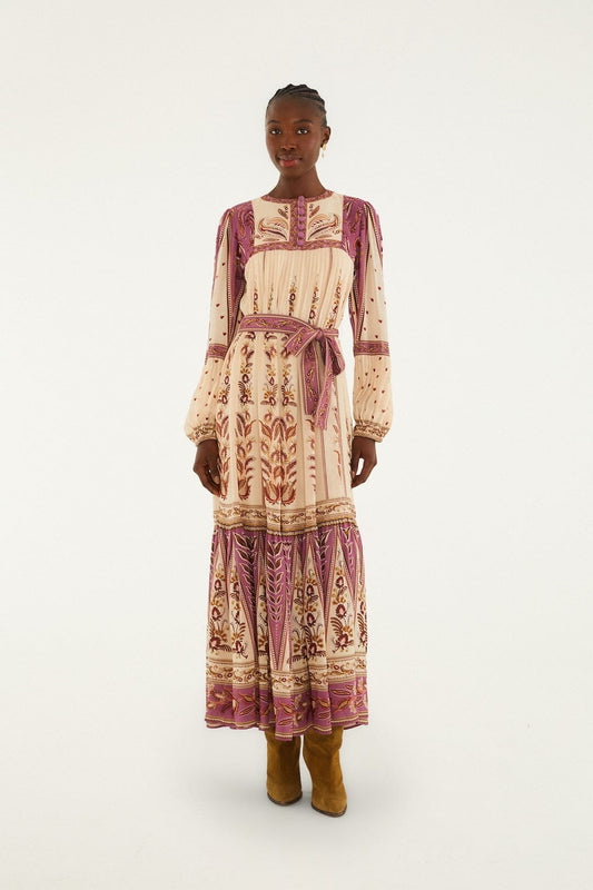 FARM Rio model wearing the Delicate Ainika Sand Long Sleeve Maxi Dress