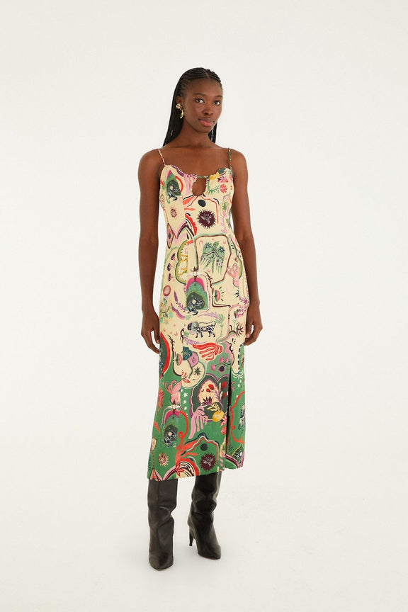 Beige Artsy Surreal Land Beaded Sleeveless Midi Dress