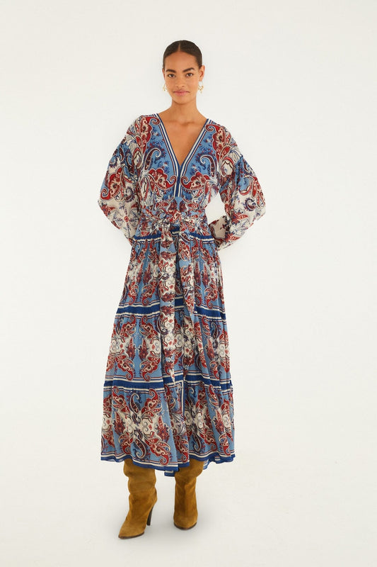 FARM Rio model wearing the Blue Paisley Scarf Long Sleeve Maxi Dress