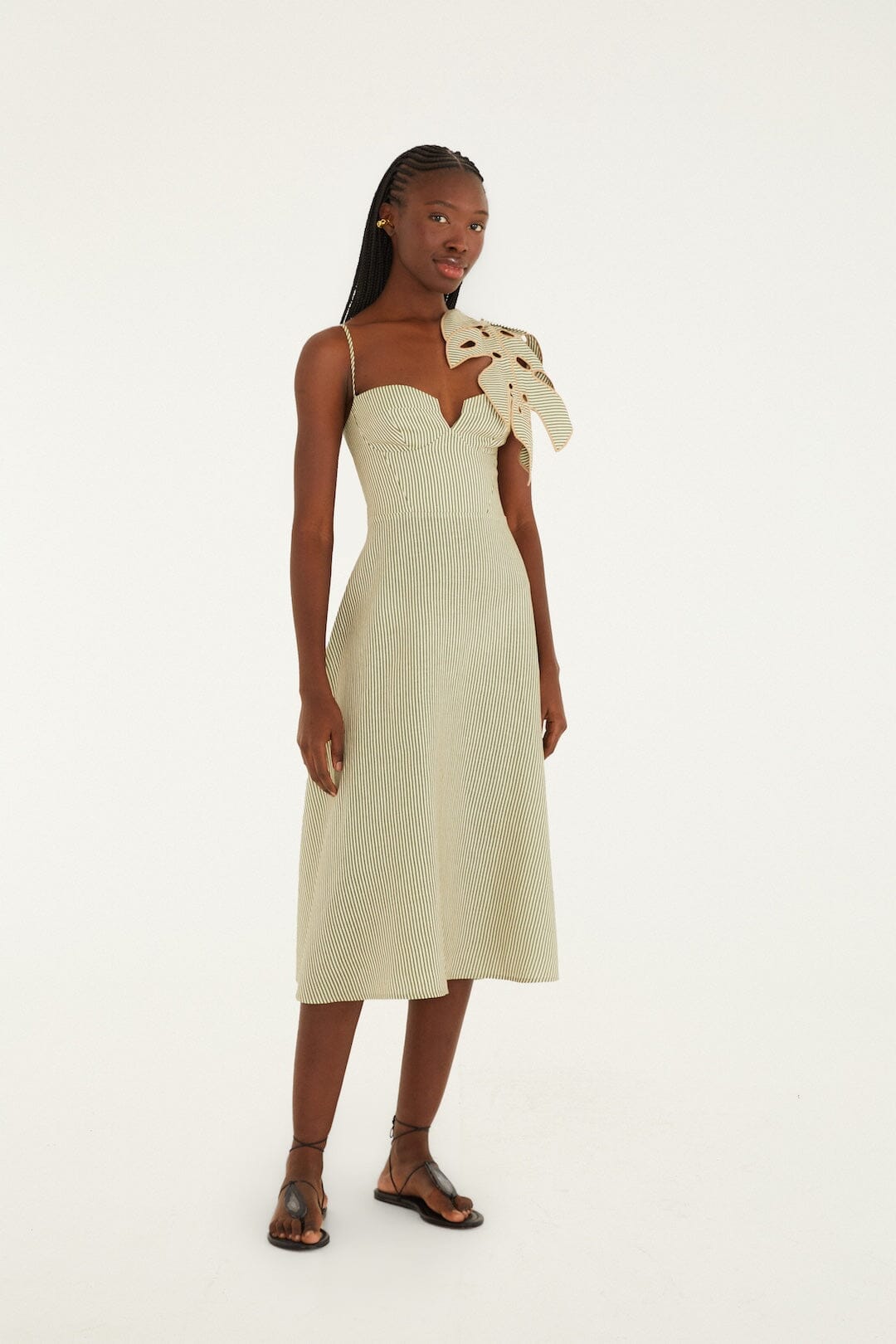 Green Striped 3d Monstera Leaf Euroflax™ Premium Linen Midi Dress